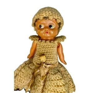 Vintage 1950s Hard Plastic Doll – Crocheted Dress & Bonnet – Marked “S”
